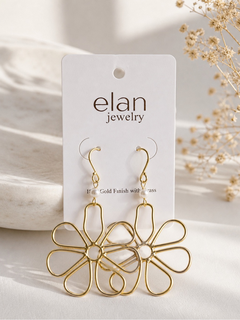 Elan Gold Floral Wire Drop Earrings with Pearl Accent